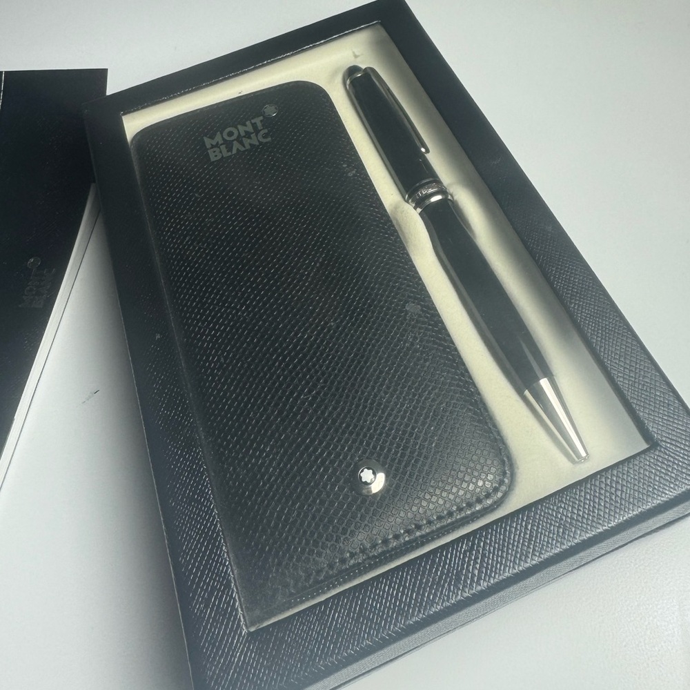 Mont Blanc Black Textured Leather Pencil Case with Black Ballpoint Pen